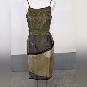 Dress Cover- Up Sheer Fabric Olive Green Black Corset  Wear Over Bodysuit